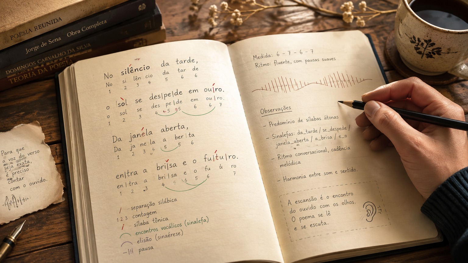 Caderno aberto sobre mesa de madeira com versos manuscritos, marcações de escansão, ondas de ritmo e uma mão anotando com lápis ao lado de livros e café.