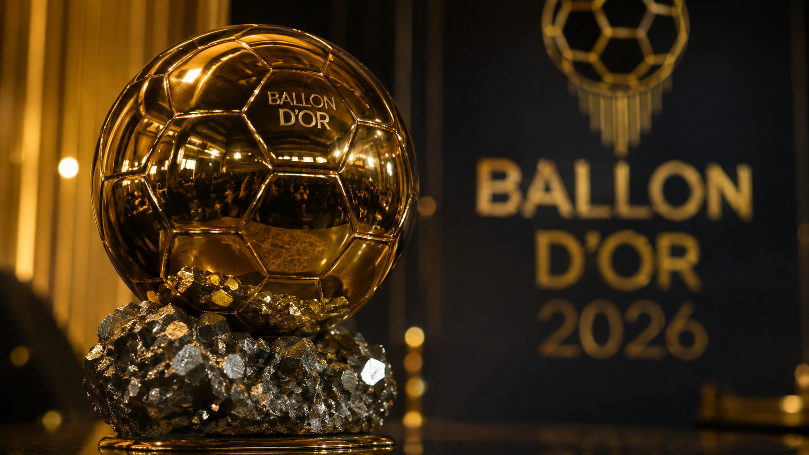 Troféu dourado em forma de bola sobre base mineral, iluminado em um palco escuro com a inscrição Ballon d'Or 2026 ao fundo.