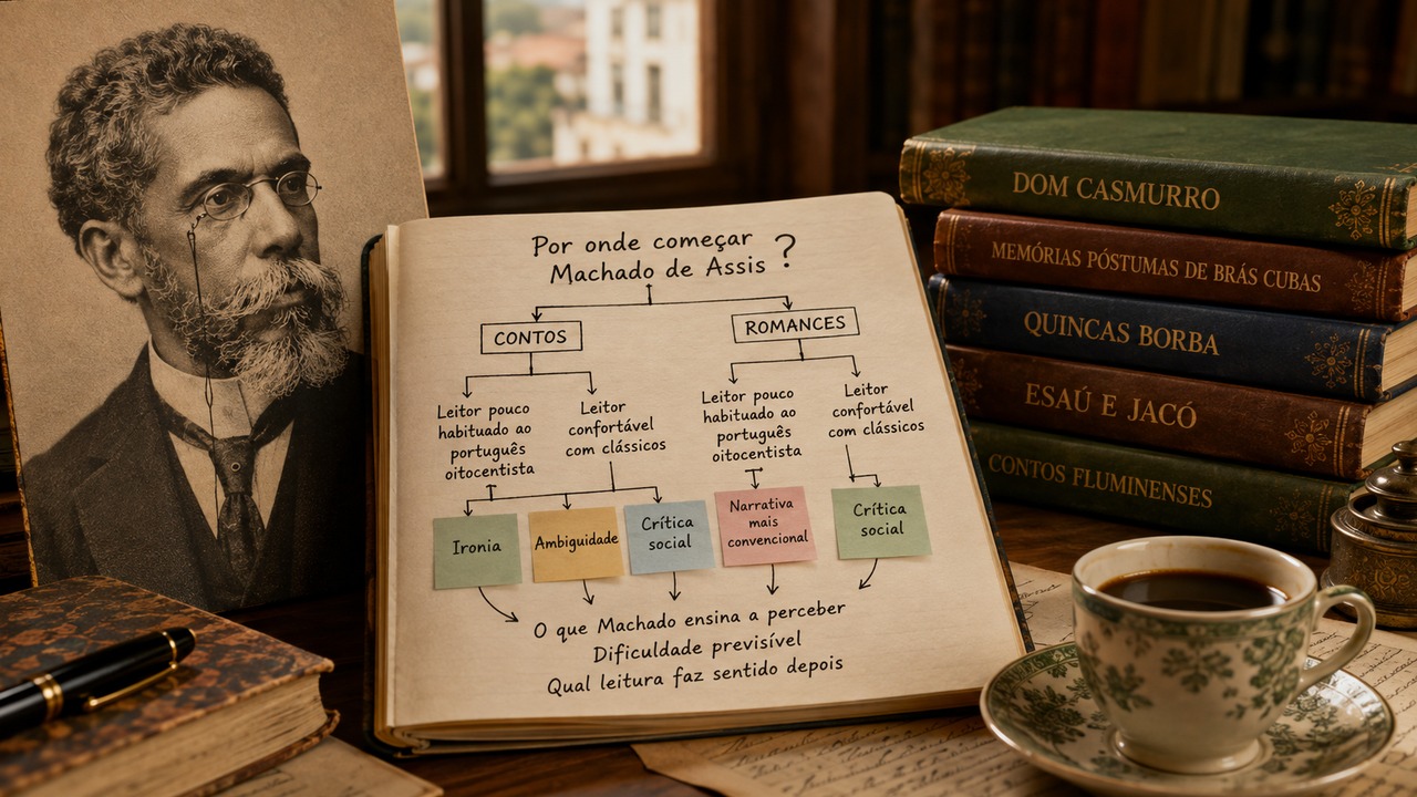 Mesa de madeira com retrato de Machado de Assis, caderno aberto com caminhos entre contos e romances, livros empilhados e uma xícara de café.