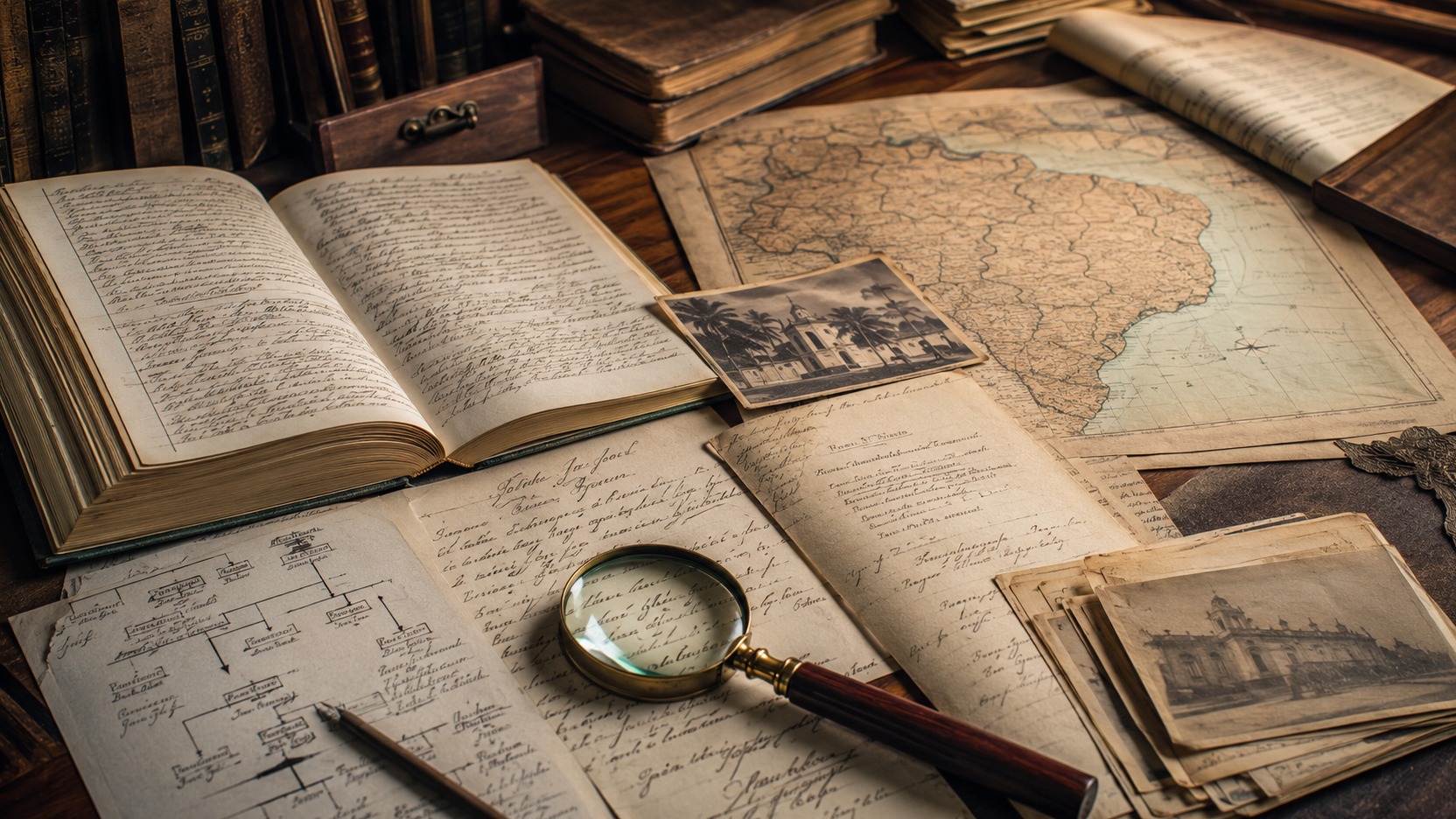 Mesa de pesquisa genealógica com livros de registros antigos, mapa do Brasil, documentos manuscritos, fotografias e lupa.
