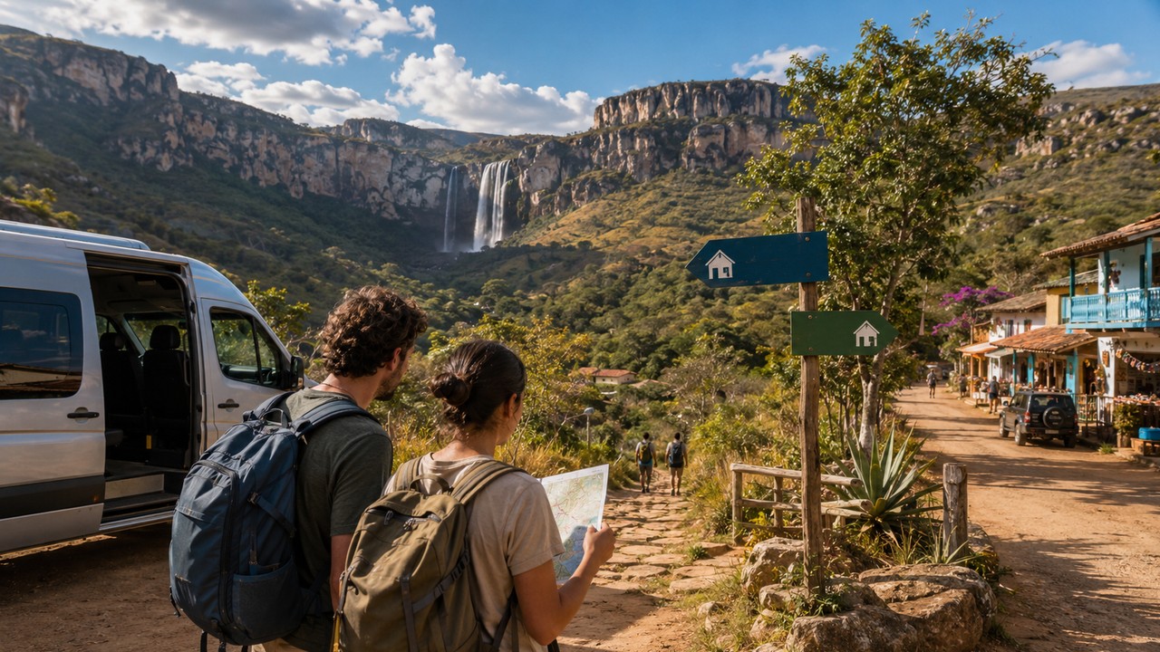 Dois viajantes com mochilas consultam um mapa ao lado de uma van, diante de uma vila do cerrado e de uma grande cachoeira entre paredões rochosos.