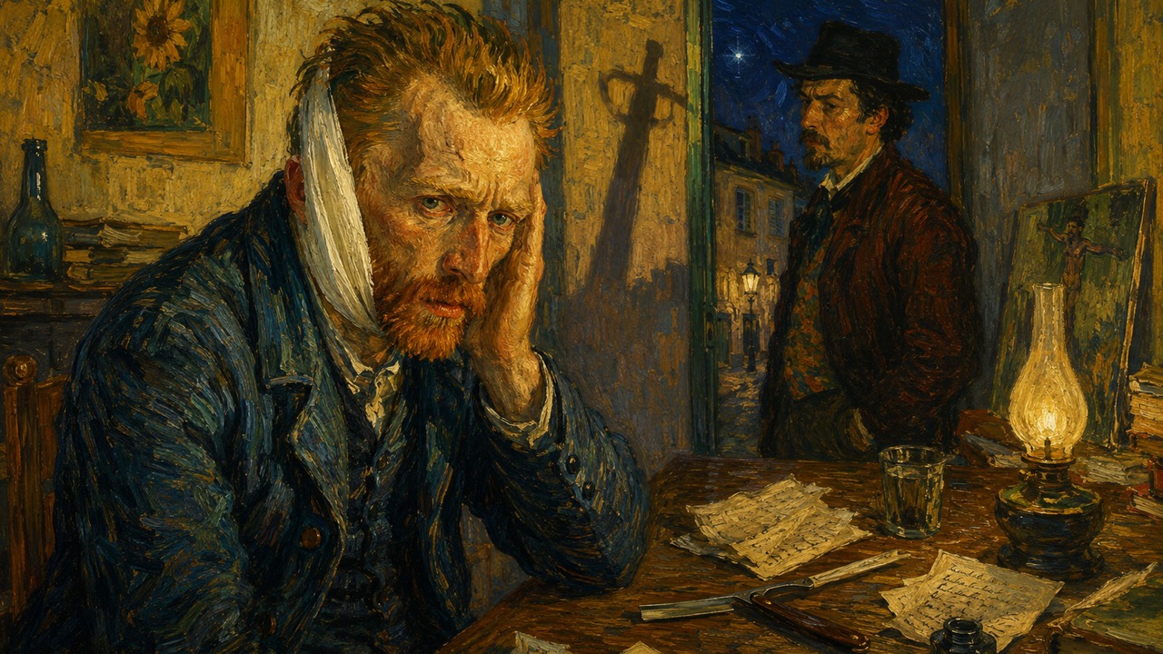 Ilustração pictórica mostra Van Gogh com a orelha enfaixada em primeiro plano, Gauguin ao fundo, uma navalha sobre a mesa e a sombra de uma espada.