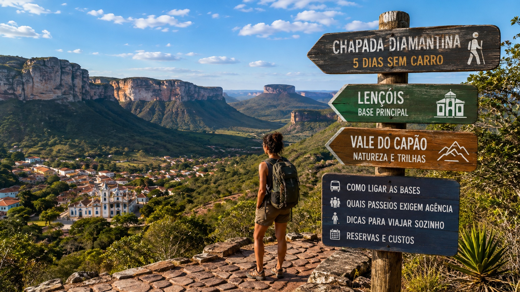 Viajante com mochila observa a Chapada Diamantina diante de placas para Lençóis e Vale do Capão em uma paisagem de montanhas e vales.