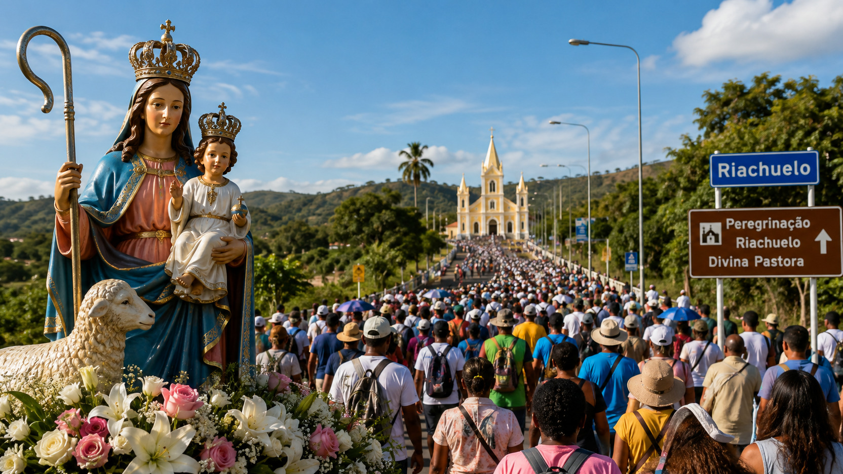 Ilustração realista de uma grande peregrinação por estrada, com imagem de Nossa Senhora Divina Pastora em primeiro plano, fiéis caminhando e igreja ao fundo.