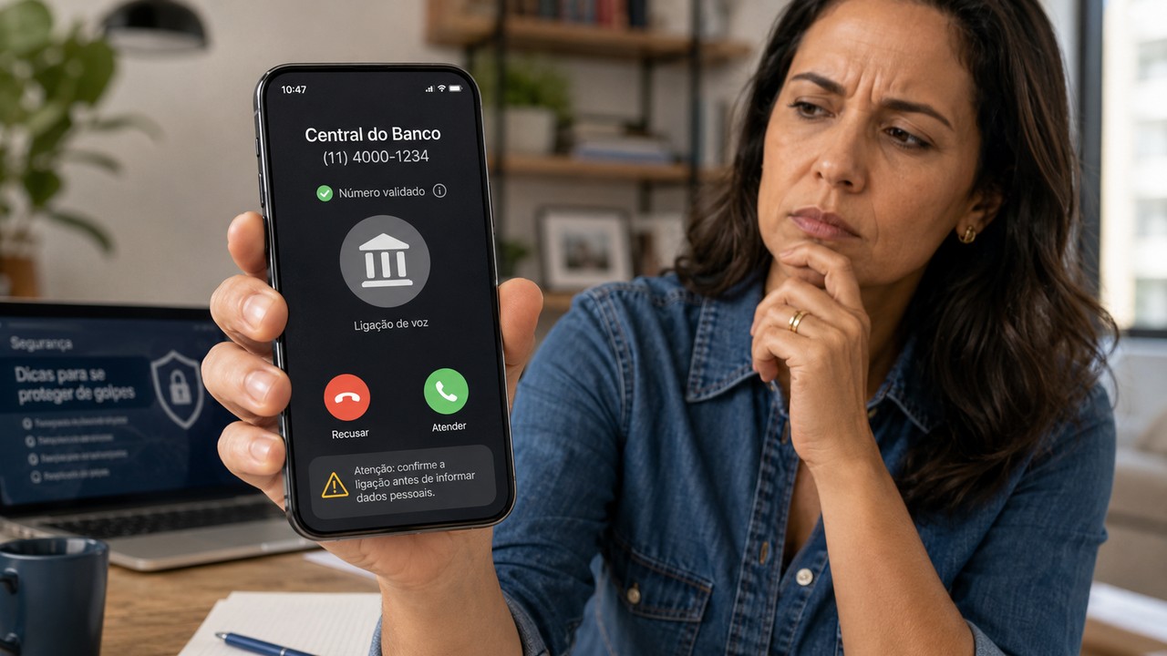 Mulher observa com desconfiança um celular exibindo ligação de uma central bancária genérica, com indicação de número validado e aviso para confirmar antes de informar dados.