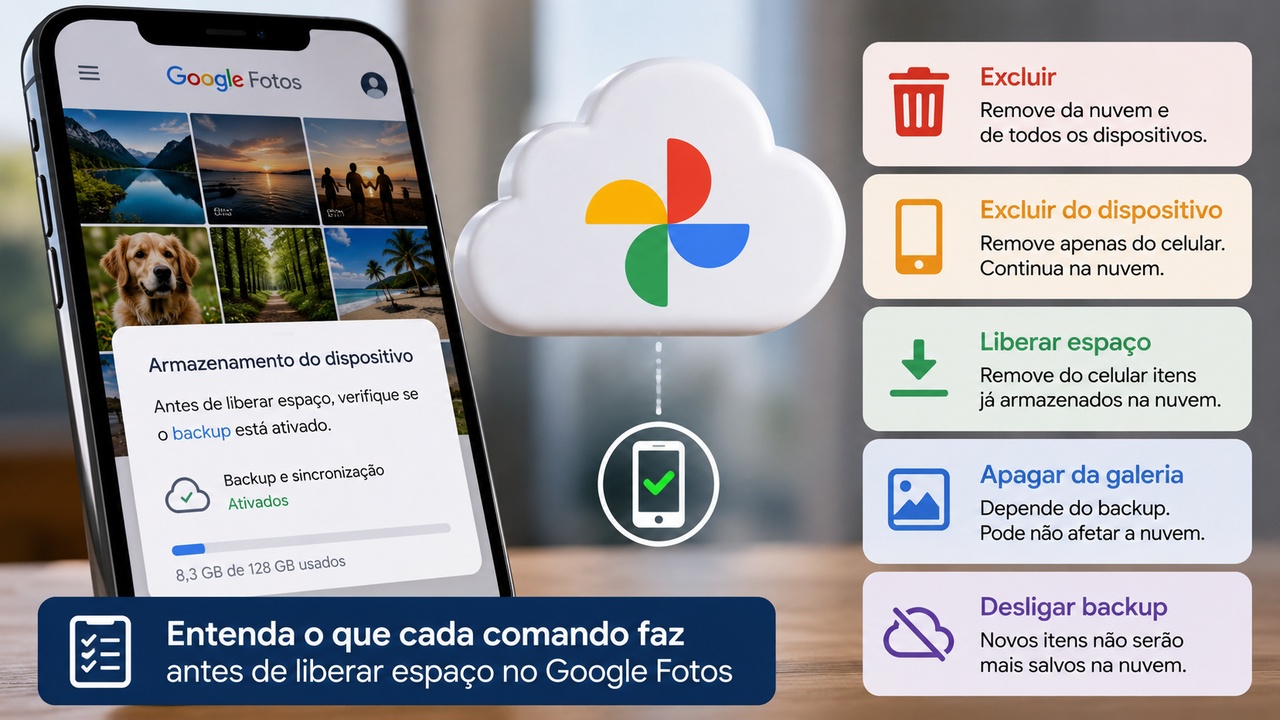 Celular com a tela do Google Fotos ao lado de uma nuvem com o logotipo do serviço e cartões explicando excluir, excluir do dispositivo, liberar espaço, apagar da galeria e desligar backup.