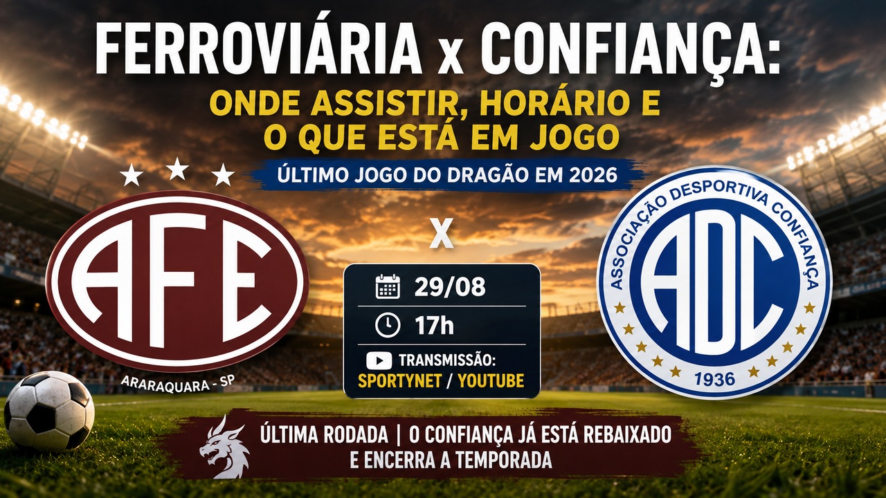 Arte esportiva com emblemas alusivos à Ferroviária e ao Confiança em um estádio, data 29/08, horário 17h e indicação de transmissão pela SportyNet/YouTube.