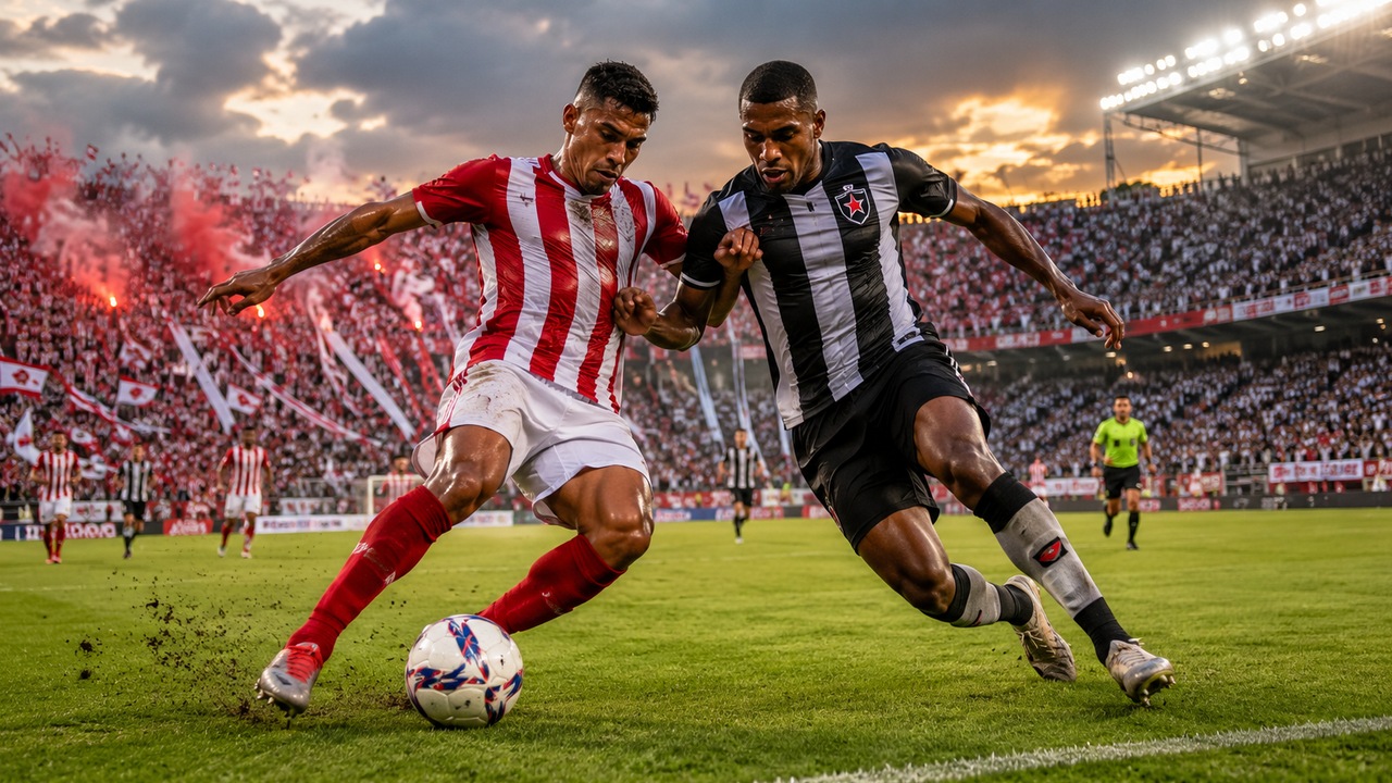 Cena ilustrativa de dois jogadores representando Itabaiana e Botafogo-PB disputando a bola em um estádio lotado ao entardecer.