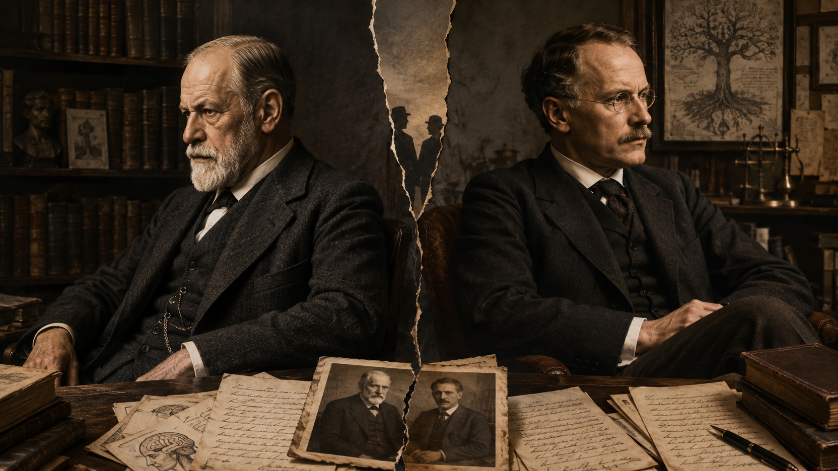 Ilustração editorial em tons sépia de Freud e Jung sentados de costas um para o outro, separados por um rasgo central, com cartas e livros sobre a mesa.