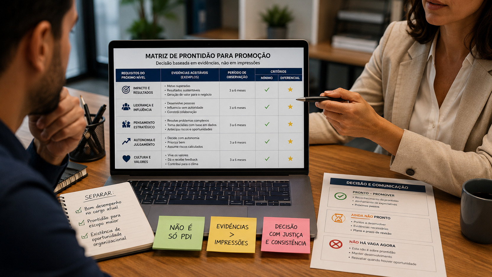 Gestor e profissional de RH analisam em um notebook uma matriz de prontidão para promoção, com critérios, evidências e opções de decisão sobre a mesa.