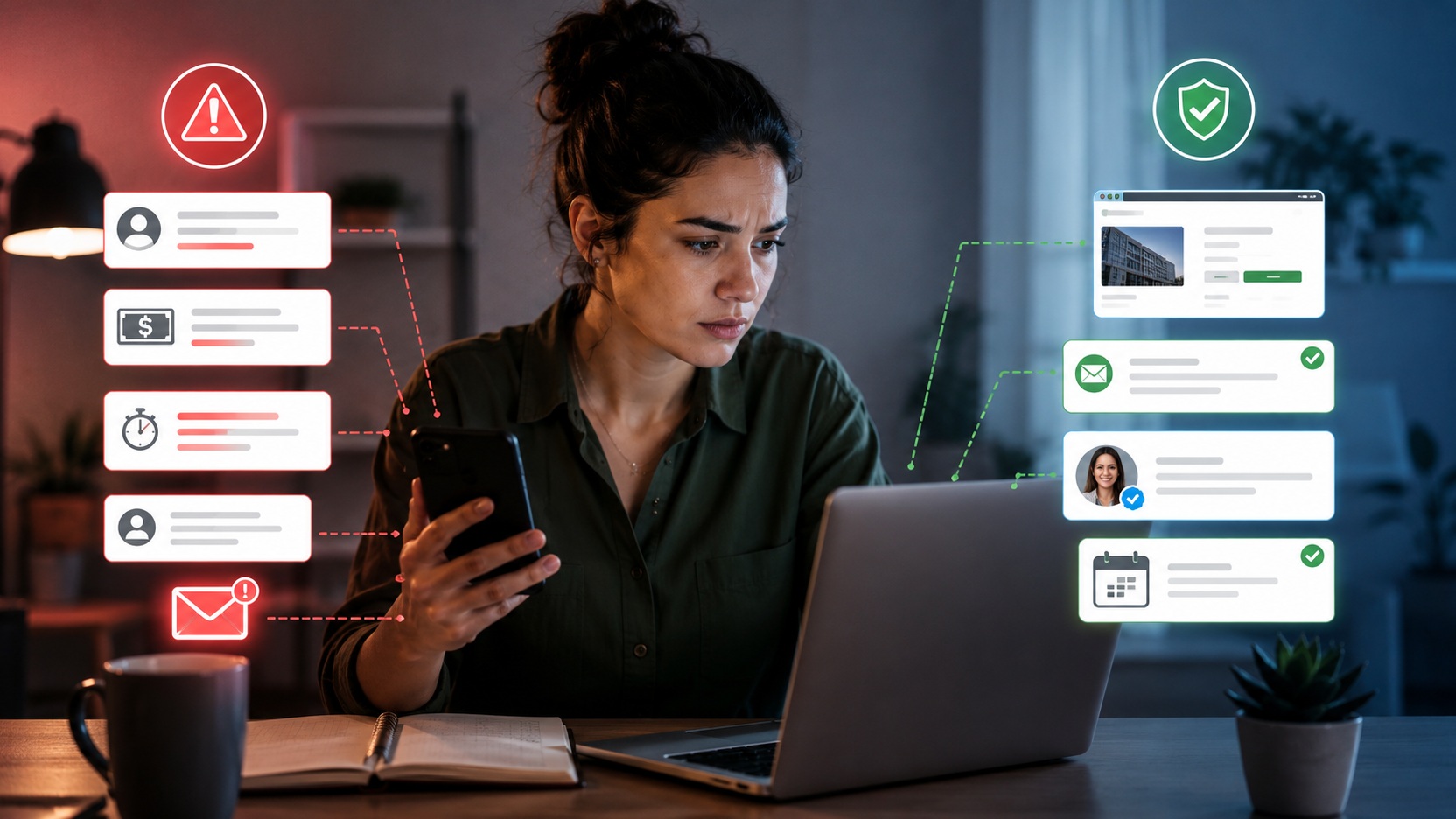 Mulher compara mensagens suspeitas no celular com sinais de verificação em um laptop, entre alertas vermelhos e confirmações verdes.