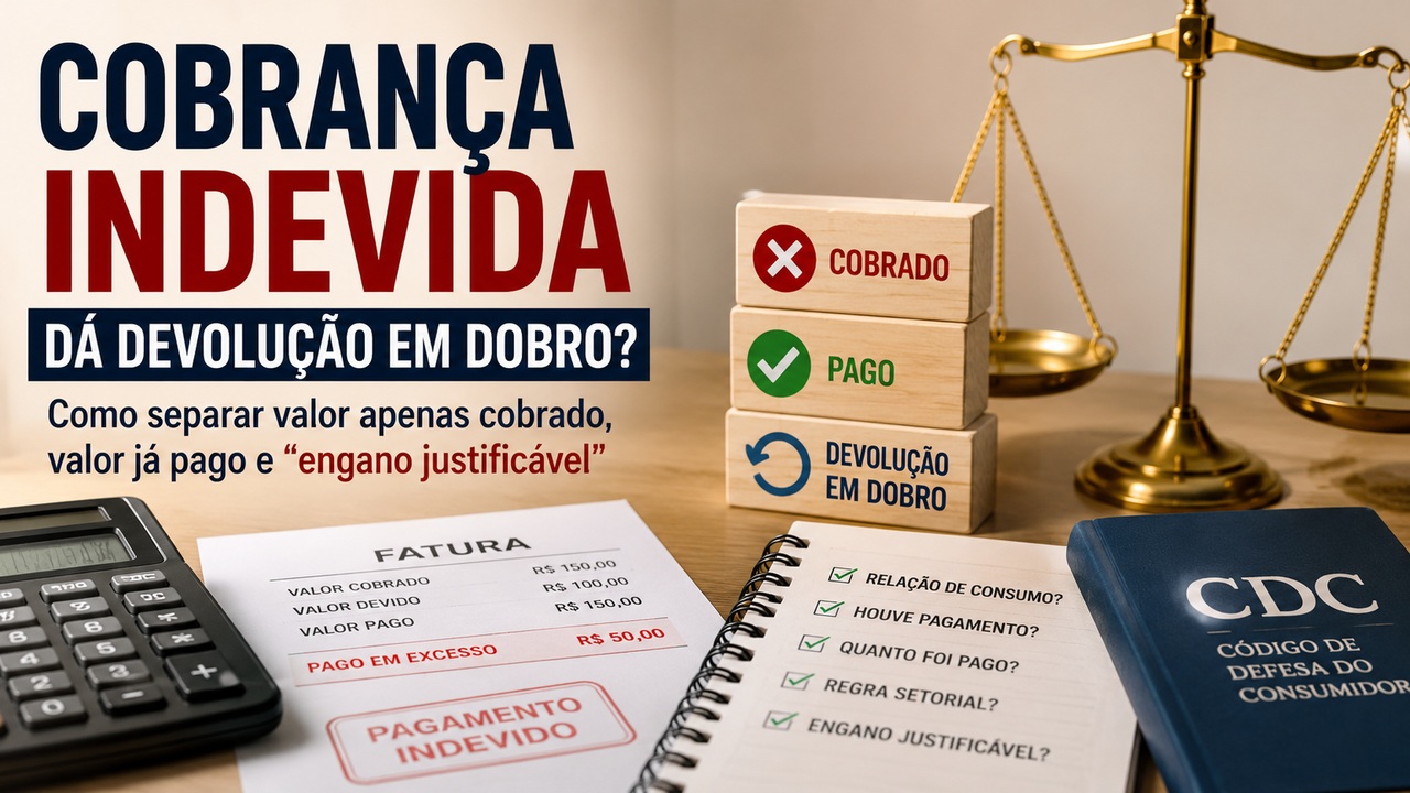 Capa editorial com balança da Justiça, calculadora, fatura com valor pago em excesso, blocos de cobrado, pago e devolução em dobro e livro do Código de Defesa do Consumidor.