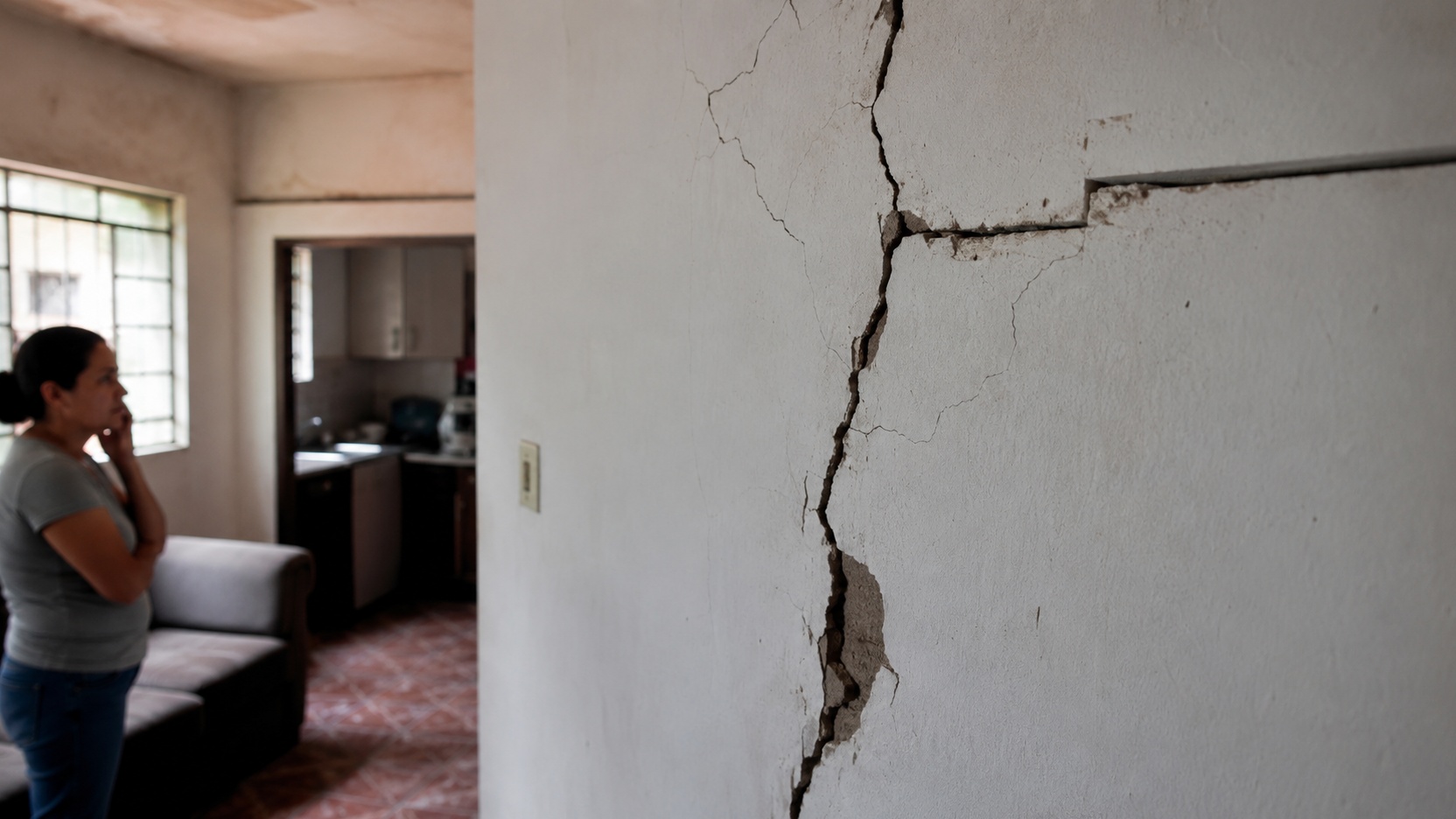 Moradora observa preocupada uma grande rachadura vertical em parede interna, com fissuras menores e reboco danificado.