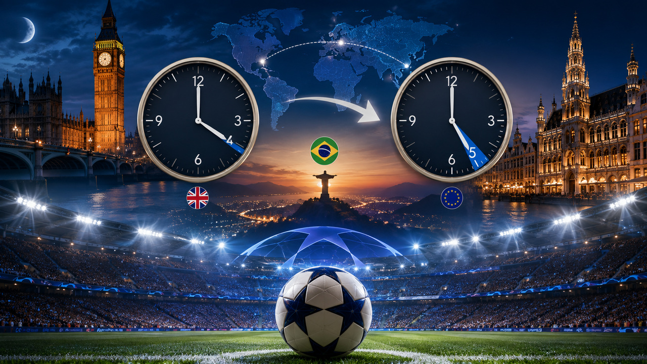 Montagem editorial com estádio de futebol à noite, bola em primeiro plano, dois relógios marcando 4h e 5h, mapa ligando Europa ao Brasil e referências visuais a Londres e à Europa continental.