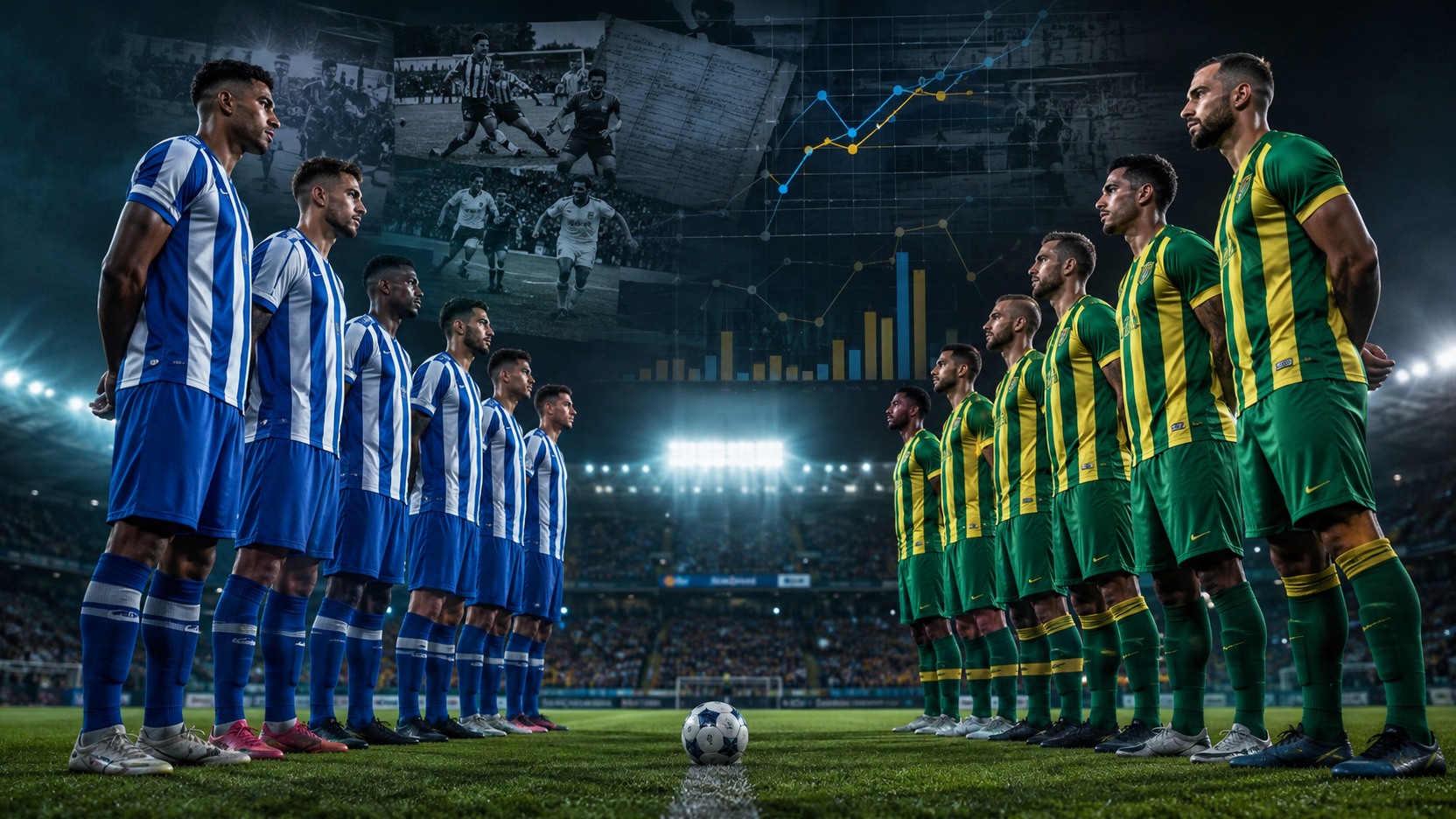 Jogadores em uniformes azul e branco e verde e amarelo se encaram em um estádio, com bola no centro e gráficos e fotos históricas ao fundo.
