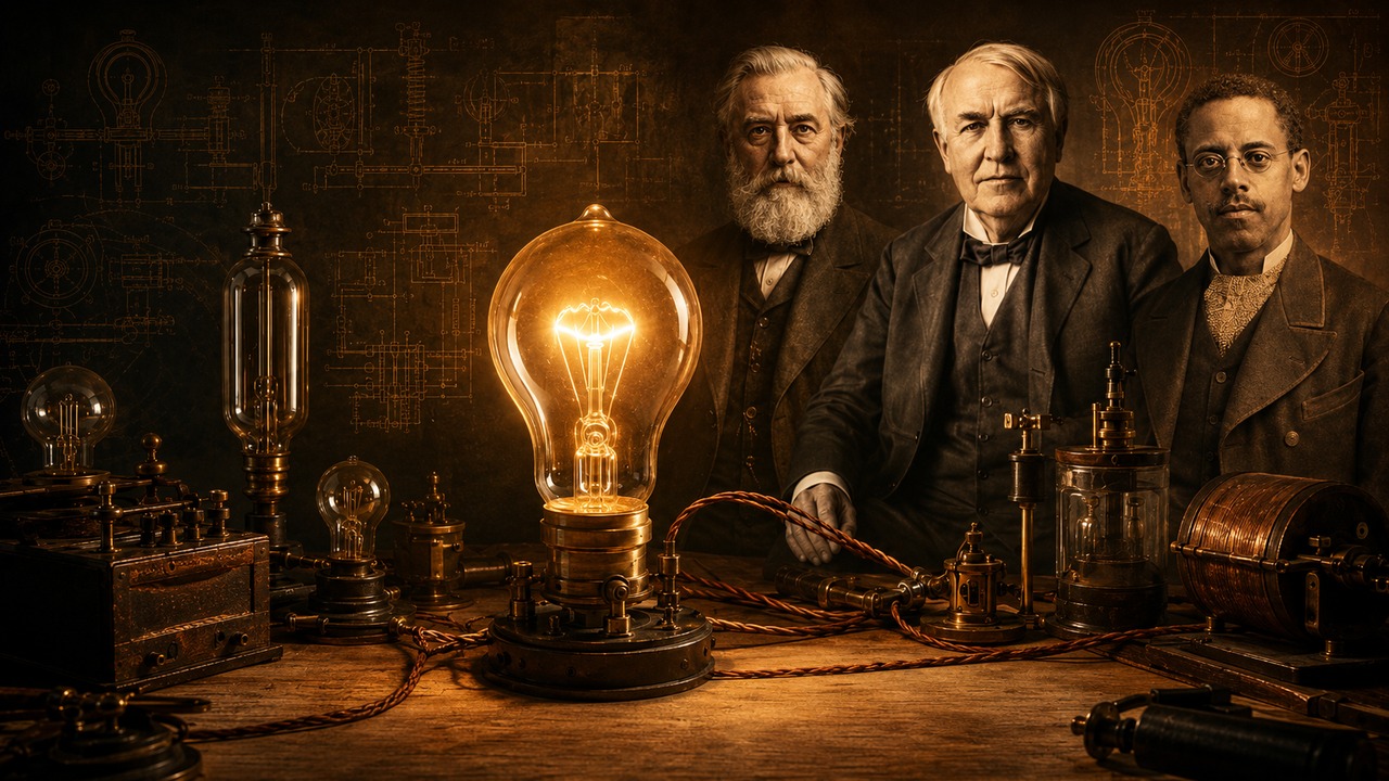 Montagem editorial em tons sépia com lâmpada incandescente acesa, equipamentos elétricos antigos e retratos históricos representando Joseph Swan, Thomas Edison e Lewis Latimer.