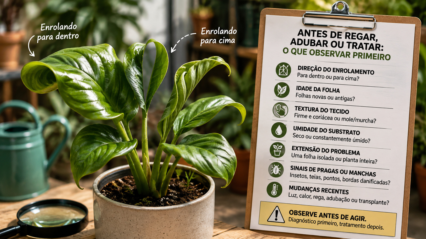 Planta de folhas verdes enroladas ao lado de uma prancheta com critérios de observação antes de regar, adubar ou tratar.