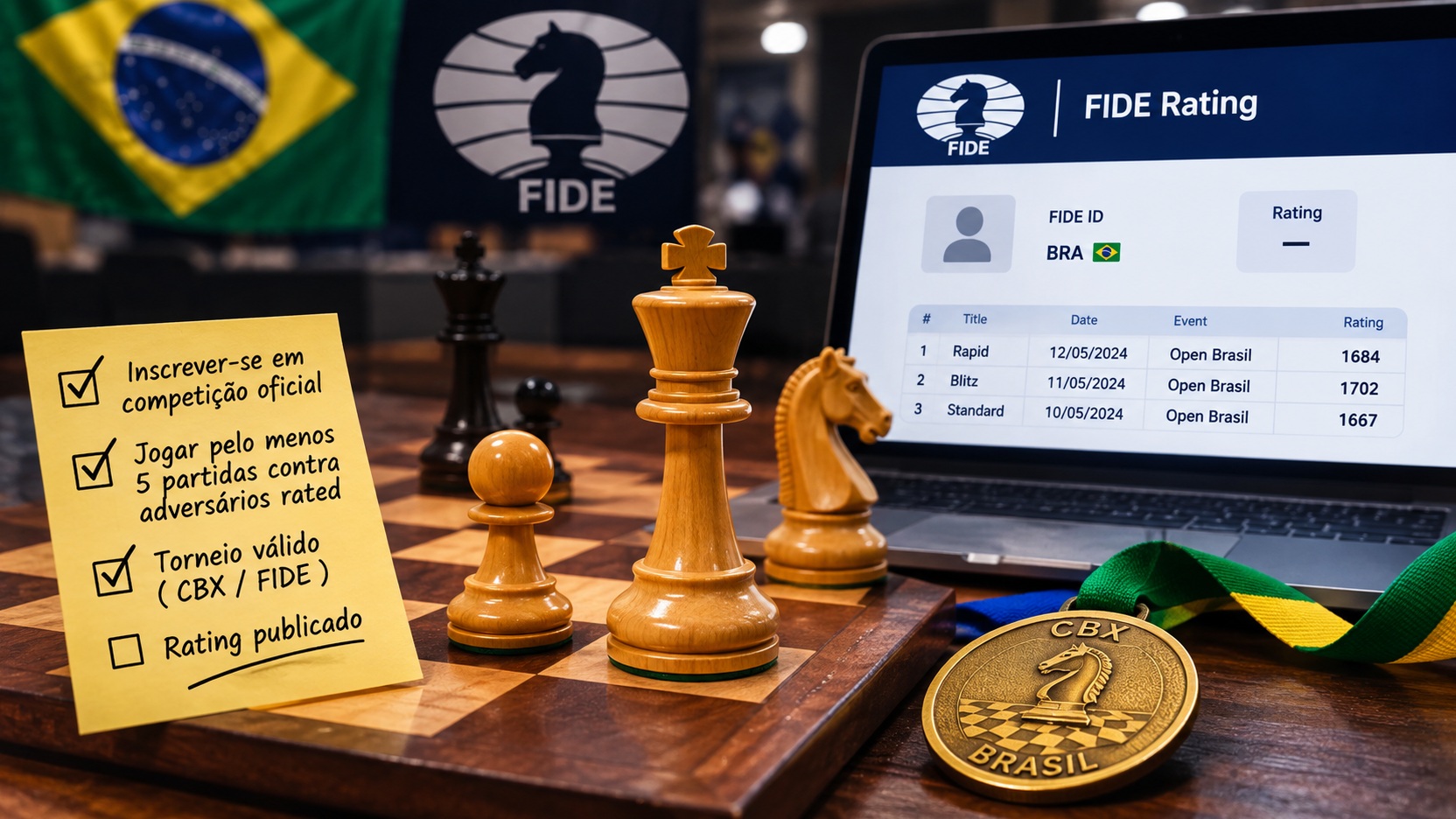 Tabuleiro de xadrez com peças de madeira, notebook exibindo uma tela ilustrativa de rating FIDE, bandeira do Brasil ao fundo e anotação sobre partidas contra adversários rated.