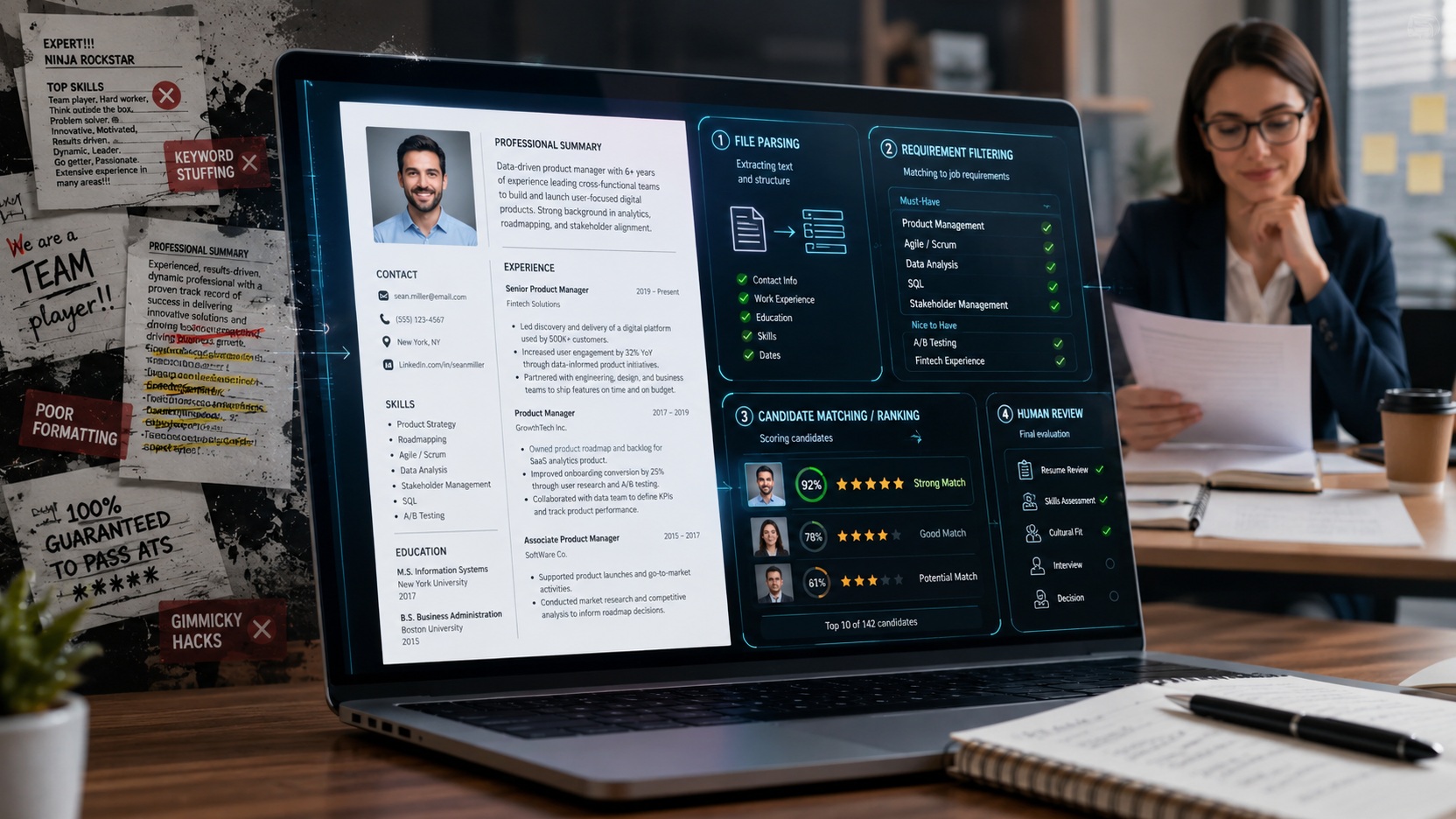 Notebook exibe um currículo sendo analisado em etapas de leitura, requisitos e compatibilidade, com uma recrutadora ao fundo e exemplos de práticas ruins à esquerda.