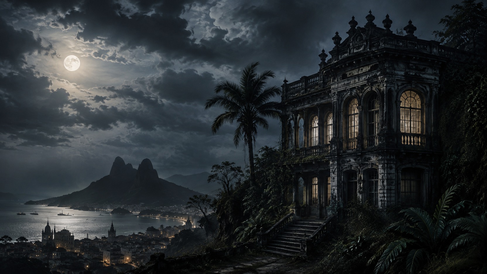 Casarão de arquitetura historicista em encosta tropical, com palmeiras, baía, montanhas e cidade sob lua cheia e nuvens escuras.