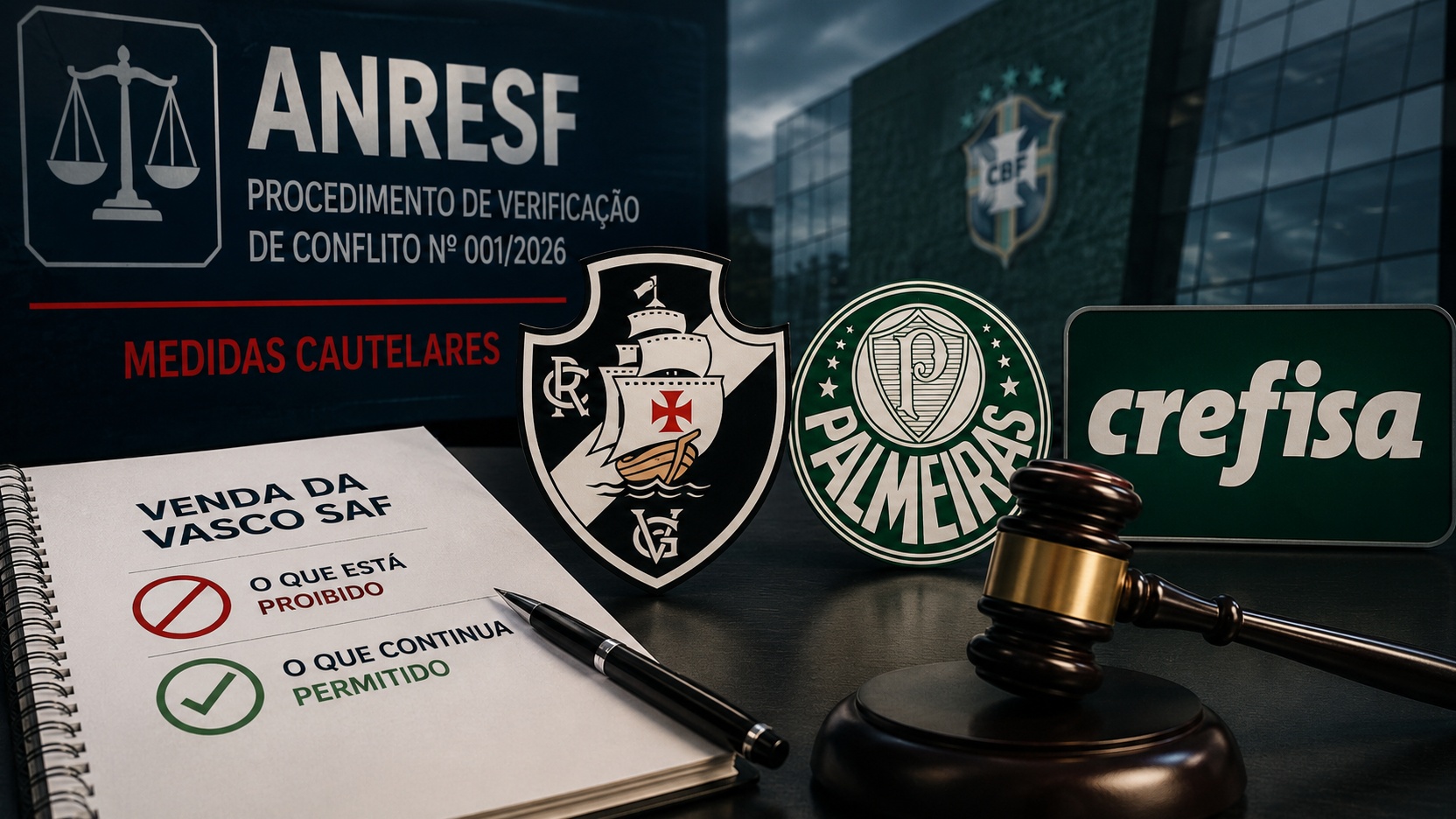 Composição editorial com documento do Procedimento 001/2026, símbolos de Vasco e Palmeiras, referência à Crefisa e martelo de julgamento.