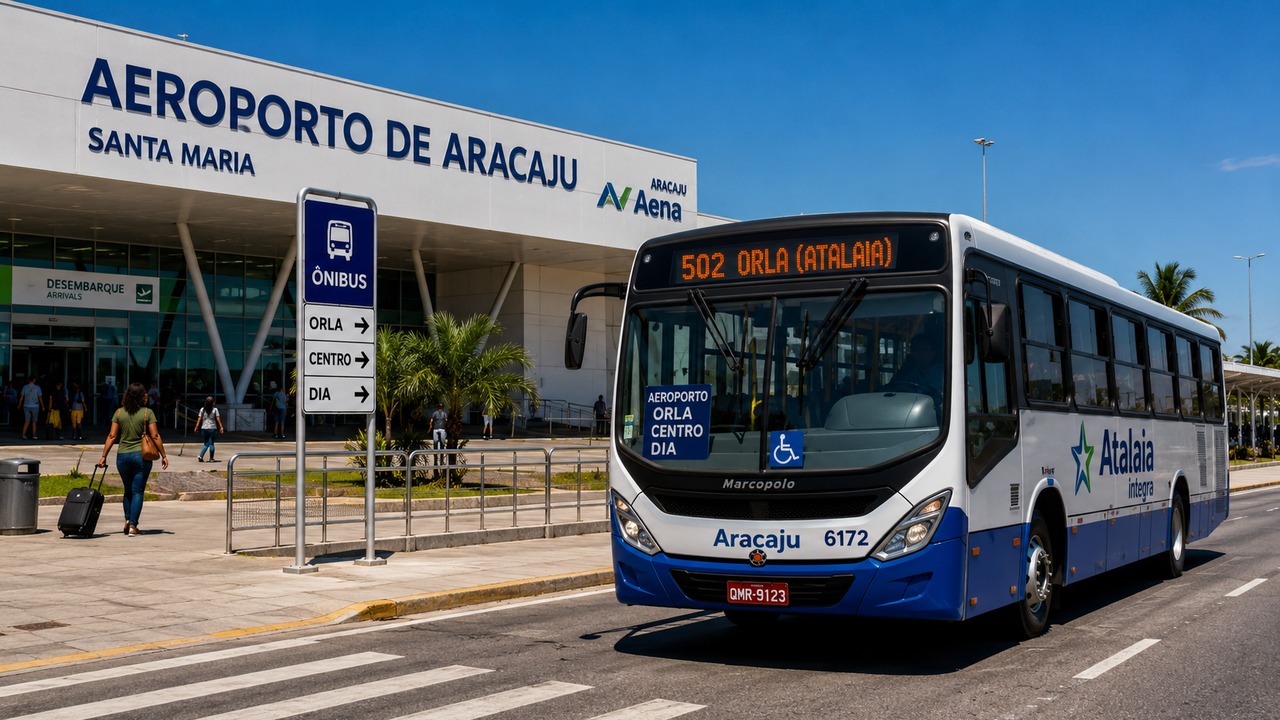 Cena ilustrativa de ônibus urbano em frente ao Aeroporto de Aracaju, com painel 502 Orla Atalaia e placas indicando Orla, Centro e DIA.
