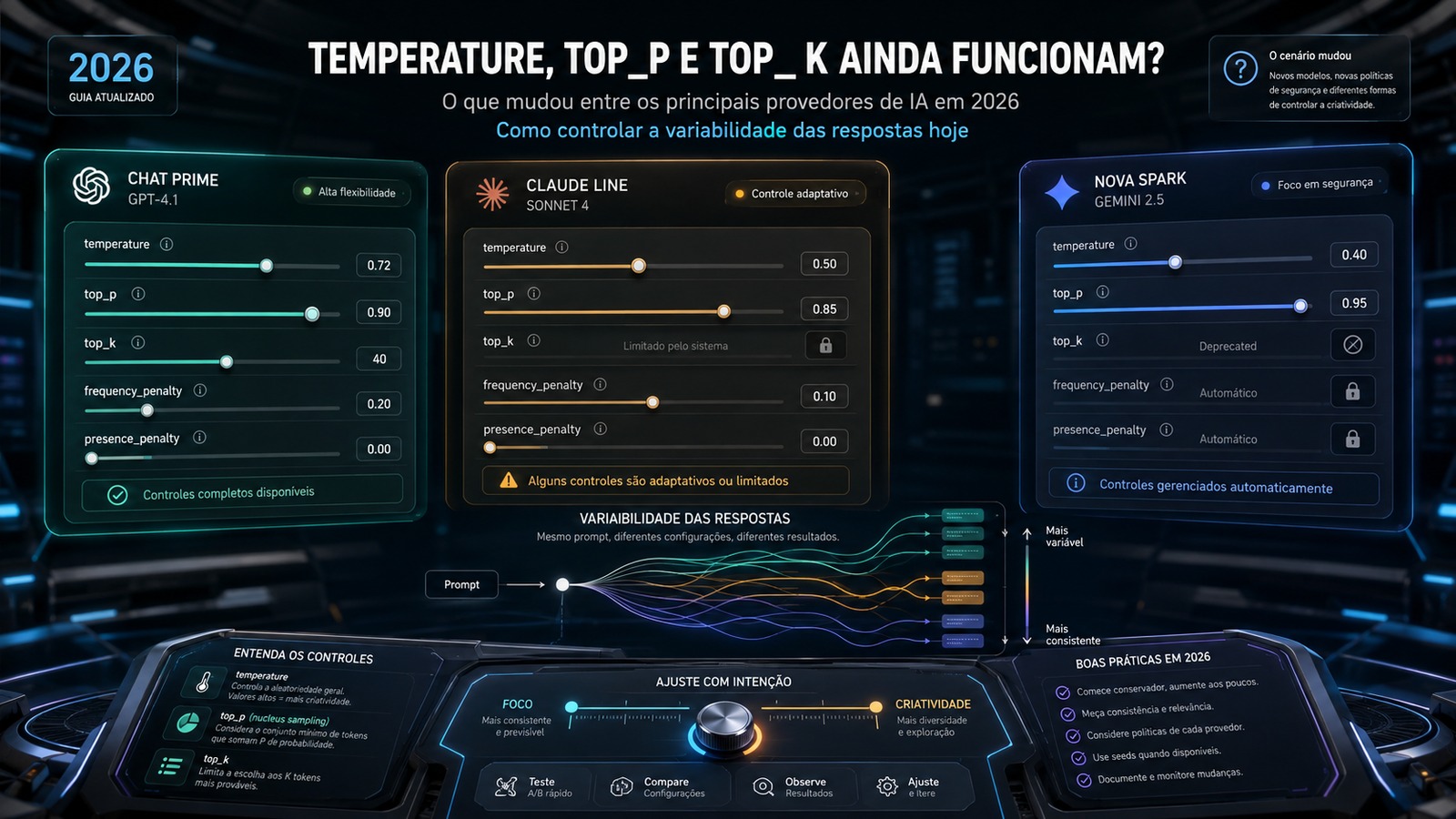 Painel futurista horizontal com três interfaces de modelos de IA, controles de temperature, top_p e top_k e linhas ramificadas que representam a variabilidade das respostas.