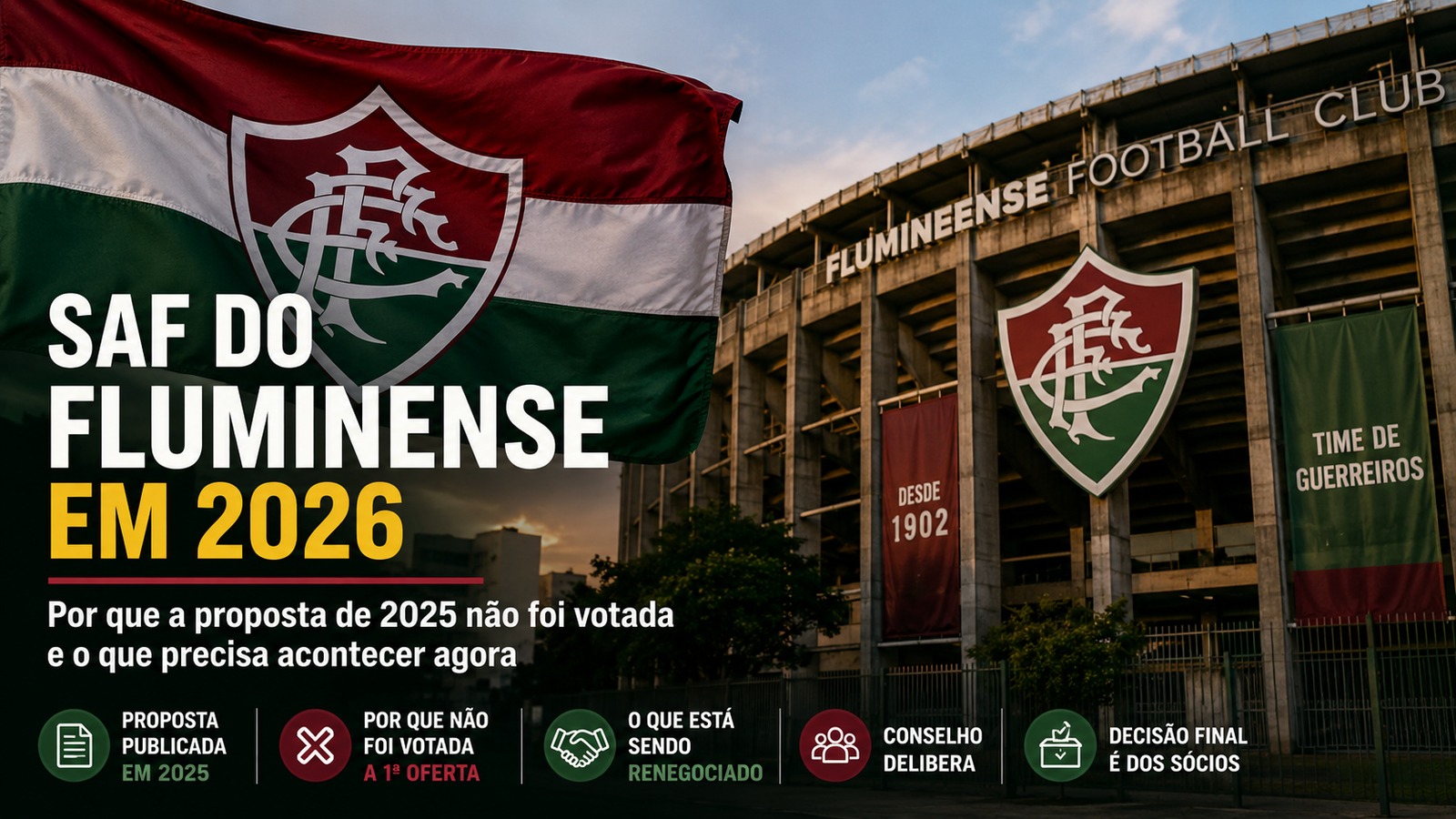 Capa editorial em tons grená, verde e branco, com bandeira e escudo do Fluminense diante de um estádio, além de chamada sobre a SAF em 2026 e etapas da negociação.
