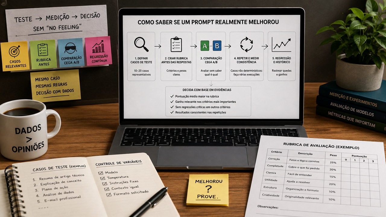 Mesa de trabalho com notebook exibindo um fluxo de avaliação de prompts, rubrica impressa, casos de teste e anotações sobre comparação A/B e regressão.