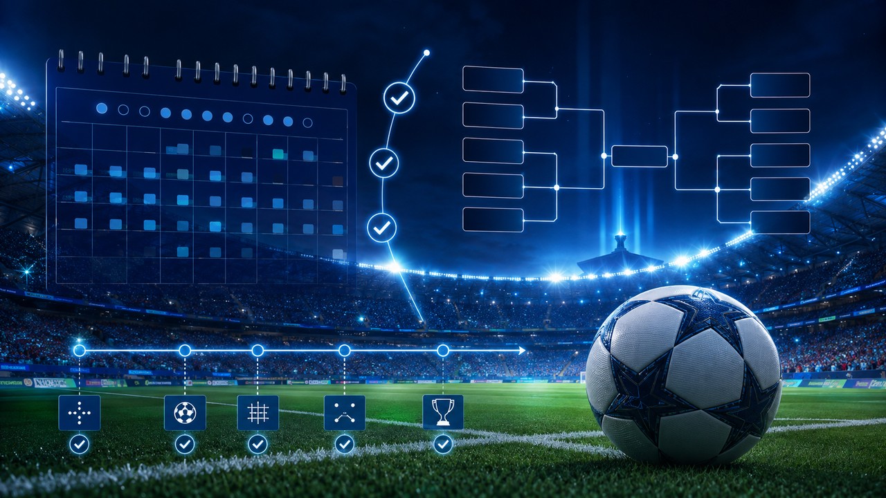 Bola de futebol no gramado de um estádio noturno, com painéis digitais de calendário, linha do tempo, marcas de confirmação e chave de mata-mata em azul.