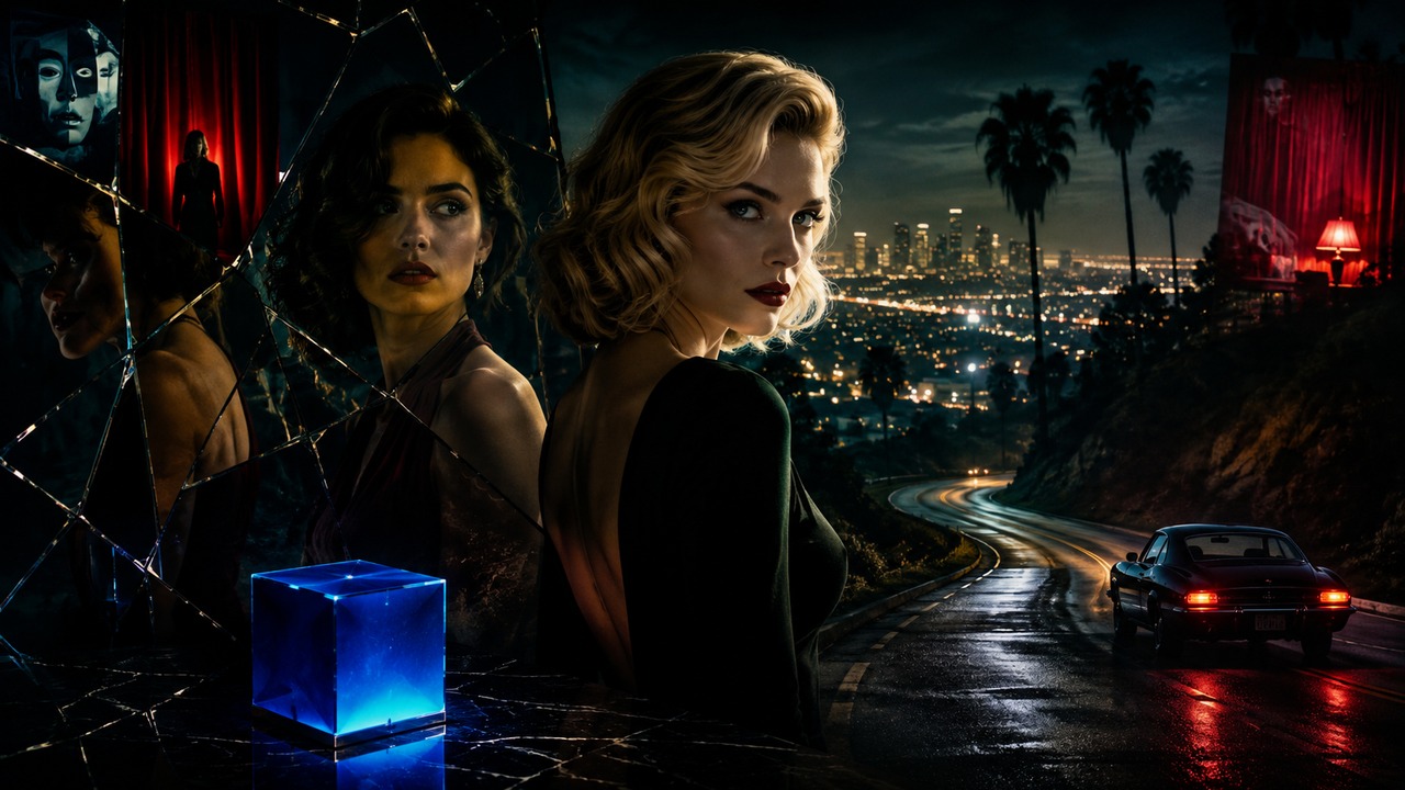 Duas mulheres em composição noir diante de Los Angeles à noite, com espelho fragmentado, caixa azul luminosa, cortinas vermelhas e estrada sinuosa.
