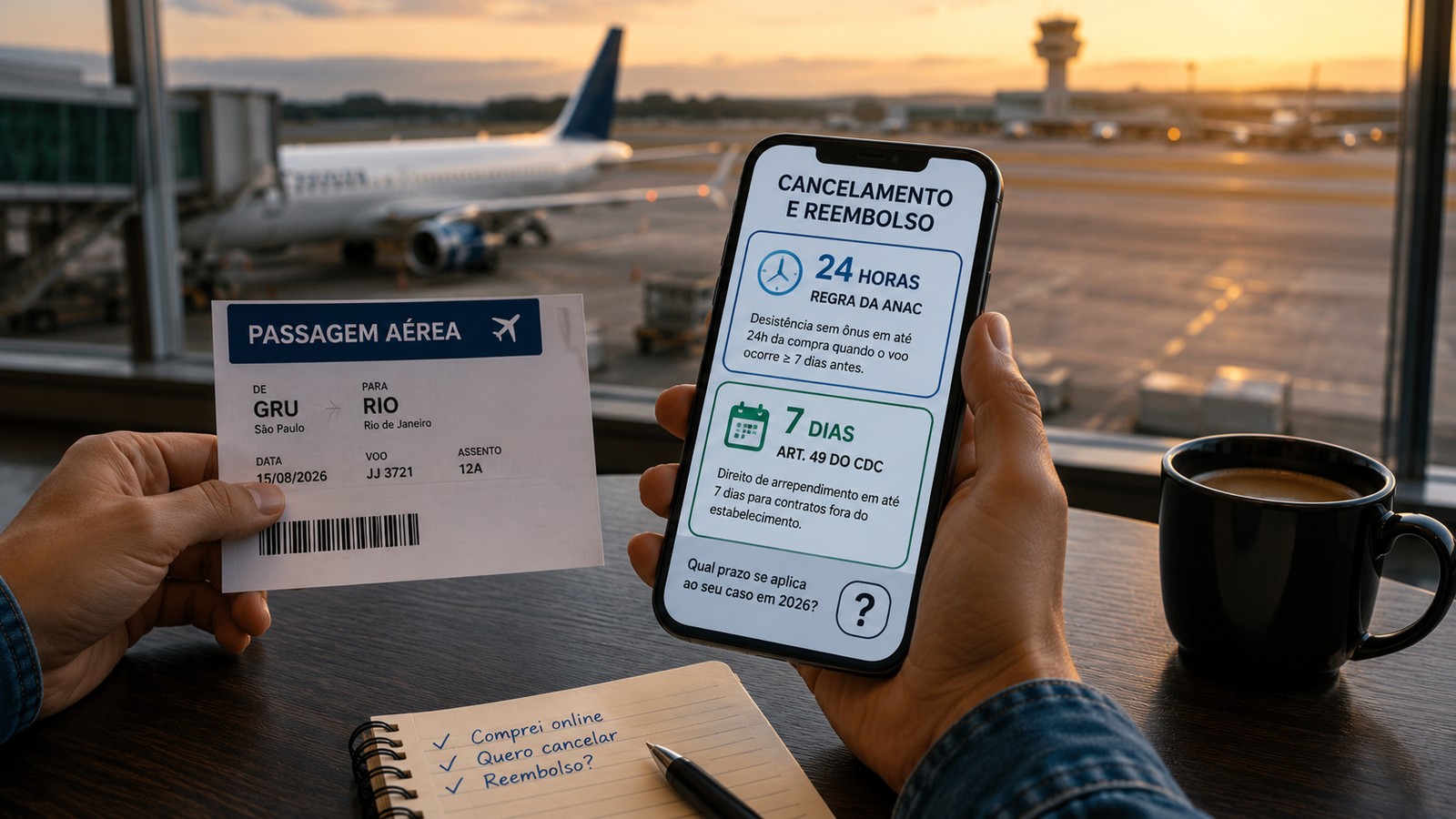 Pessoa em terminal de aeroporto segura bilhete aéreo e celular com comparação entre os prazos de 24 horas da ANAC e 7 dias do CDC.