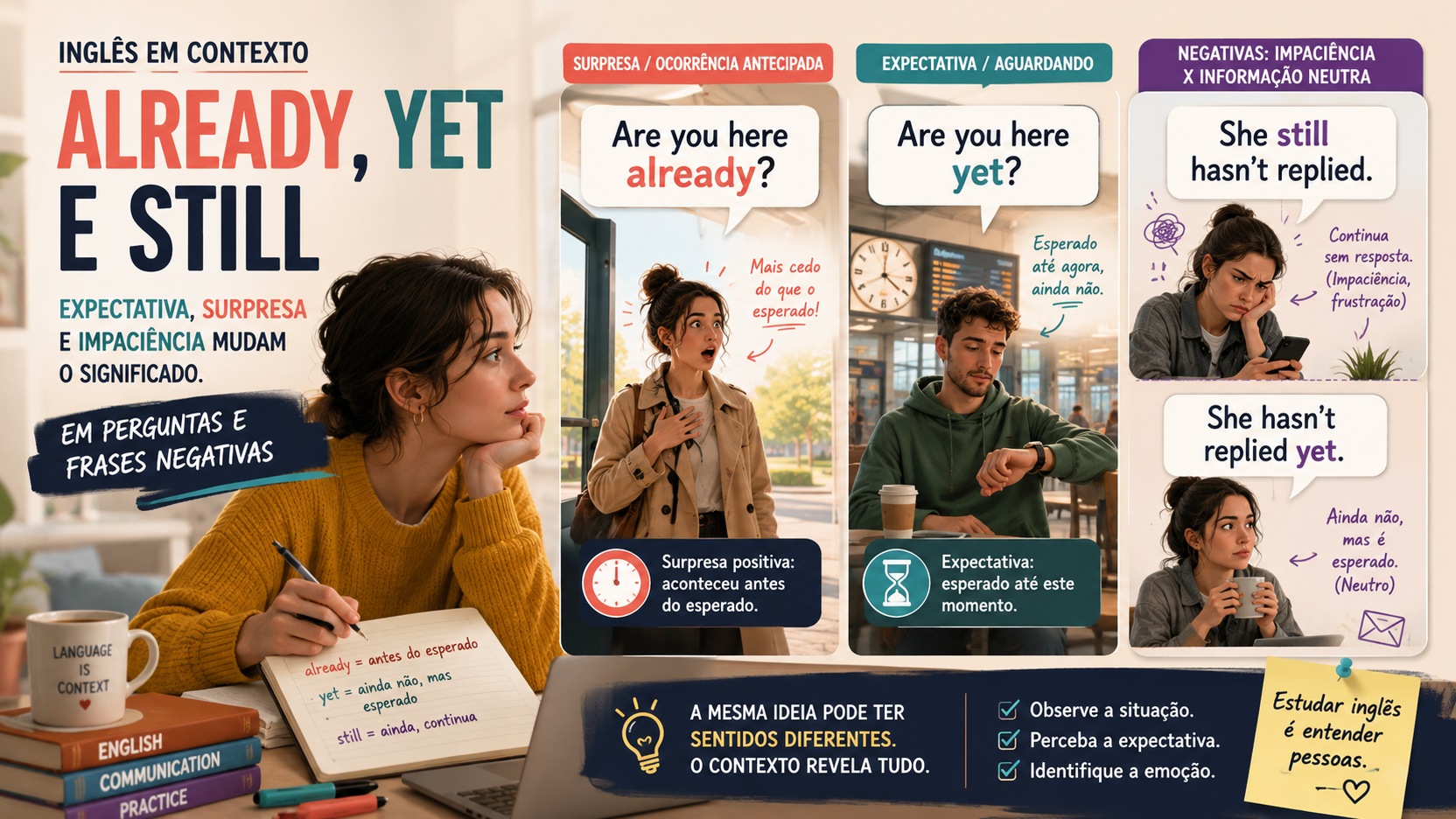 Infográfico com estudante e exemplos Are you here already?, Are you here yet?, She still hasn't replied e She hasn't replied yet, contrastando surpresa, expectativa e impaciência.