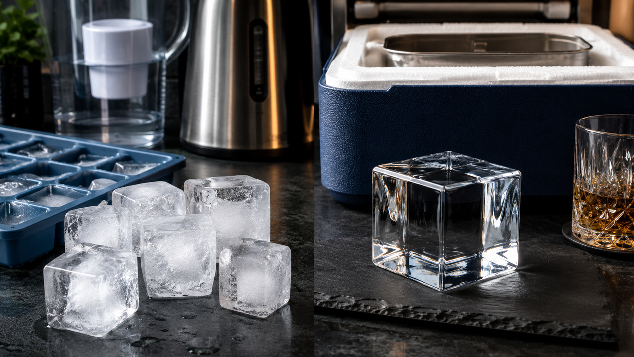 Comparação em bancada de bar entre cubos de gelo turvos em forma comum à esquerda e um grande cubo transparente diante de um recipiente térmico à direita.