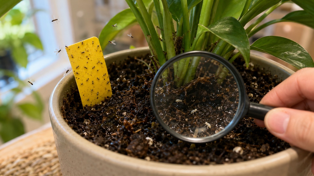 Vaso de planta de interior com substrato úmido, armadilha adesiva amarela com pequenos mosquitos e lupa destacando colêmbolos claros sobre a terra