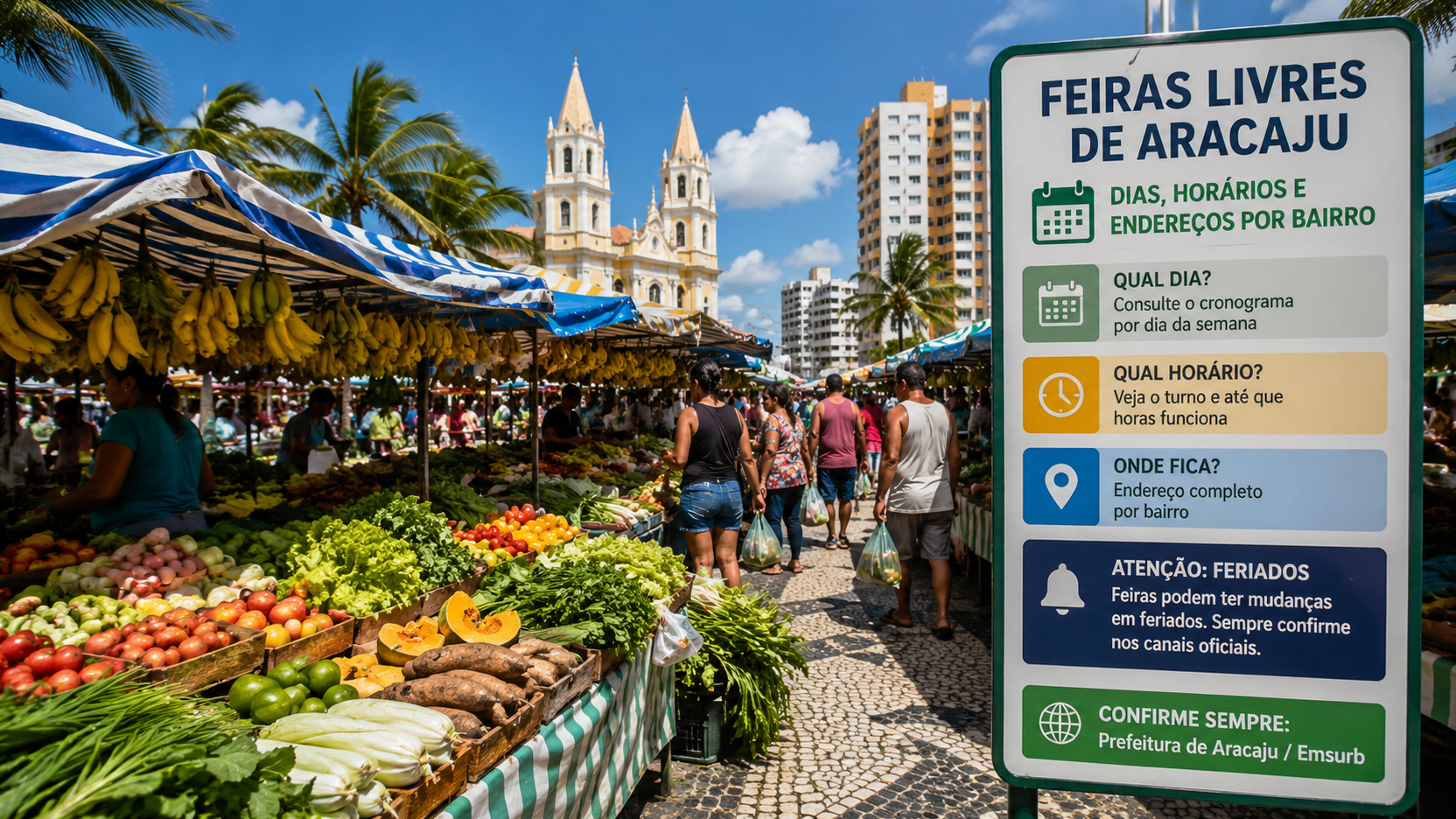 Feira livre movimentada em Aracaju, com bancas de frutas e verduras e placa informativa sobre dias, horários, bairros e feriados.