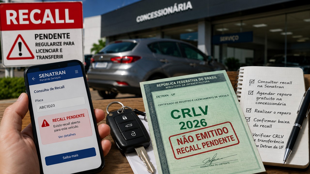 Mão segura celular com consulta de recall pendente ao lado de chave do carro, CRLV ilustrativo e concessionária ao fundo.