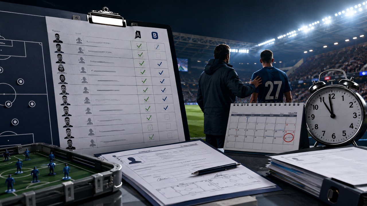 Prancheta com listas A e B de jogadores, calendário, relógio e documentos à beira de um estádio iluminado, com um jogador e um membro da comissão seguindo para o campo.