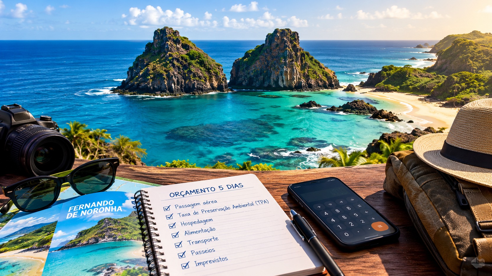 Vista costeira tropical associada a Fernando de Noronha, com mar azul, formações rochosas e mesa de planejamento com caderno de orçamento, câmera e calculadora.