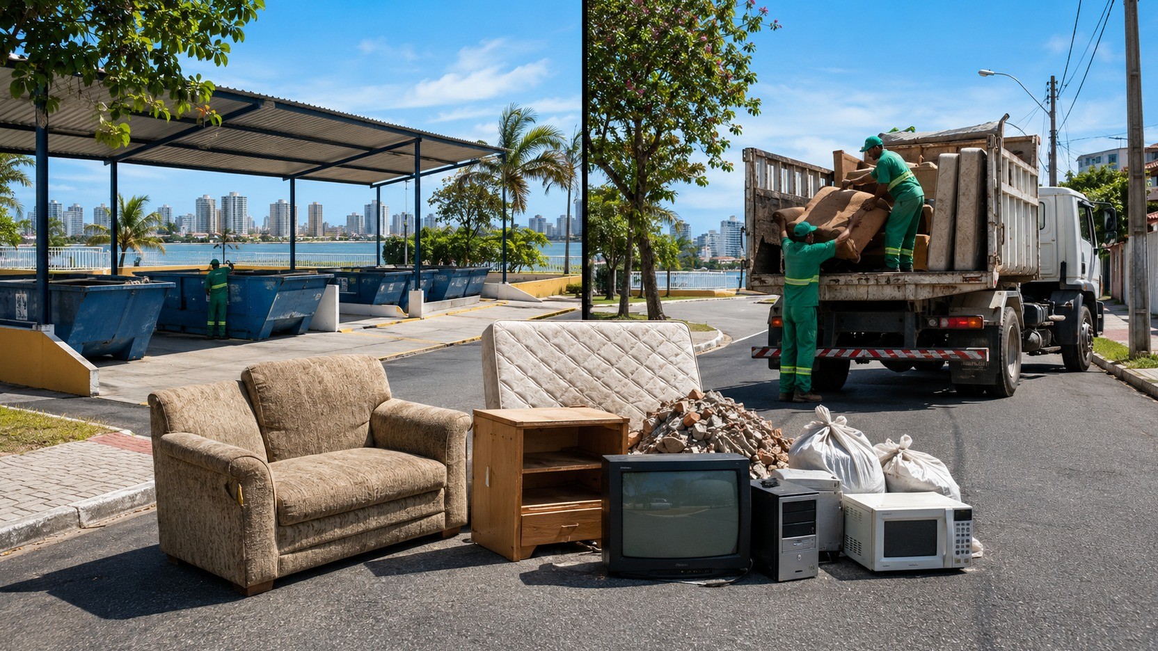 Sofá, colchão, entulho e eletrônicos diante de um ecoponto e de um caminhão de coleta de volumosos em cenário urbano.