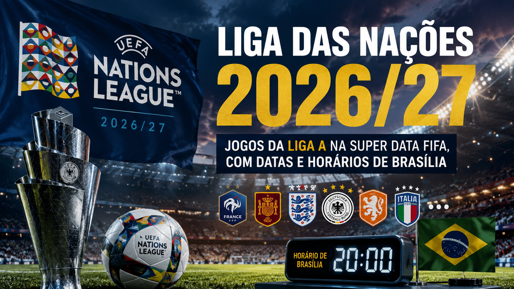 Arte de capa com estádio iluminado, troféu e bola da Liga das Nações, escudos de seleções europeias, bandeira do Brasil e relógio digital ao lado do título 2026/27.