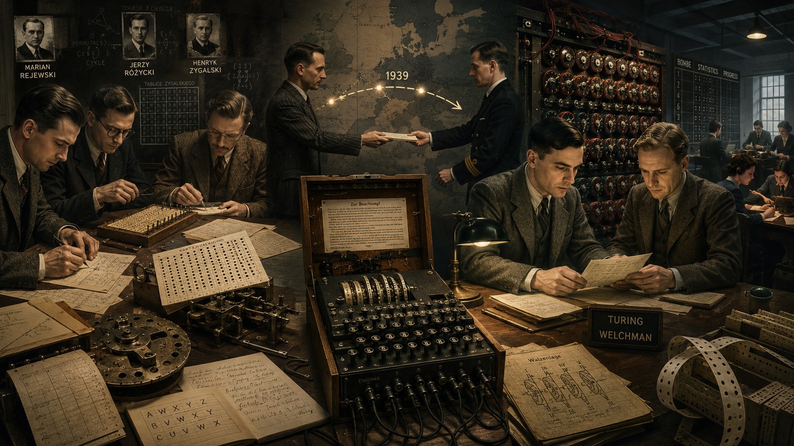 Ilustração histórica panorâmica com uma máquina Enigma ao centro, criptógrafos poloneses à esquerda, transferência de métodos em 1939 e Turing, Welchman e uma Bombe britânica à direita.