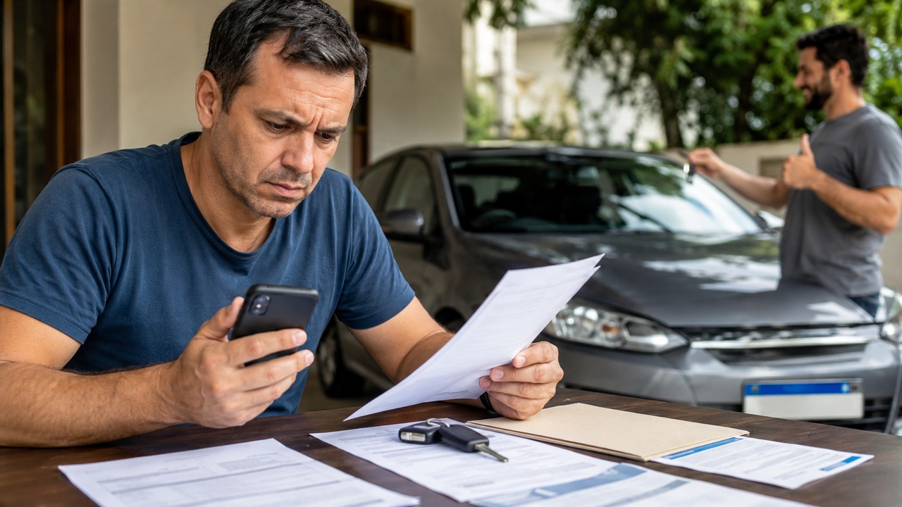 Homem preocupado consulta documentos e um celular diante de um carro vendido, enquanto outro homem aparece ao fundo junto ao veículo.