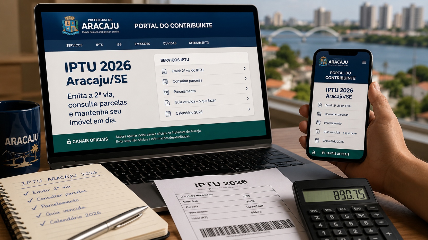 Notebook e celular sobre uma mesa exibindo uma representação visual do Portal do Contribuinte de Aracaju para o IPTU 2026, ao lado de guia impressa, caderno e calculadora.