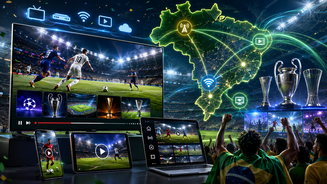 Composição digital de estádio de futebol com telas de TV, celular, tablet e notebook exibindo partidas, mapa iluminado do Brasil conectado por sinais de transmissão e torcedores em verde e amarelo.