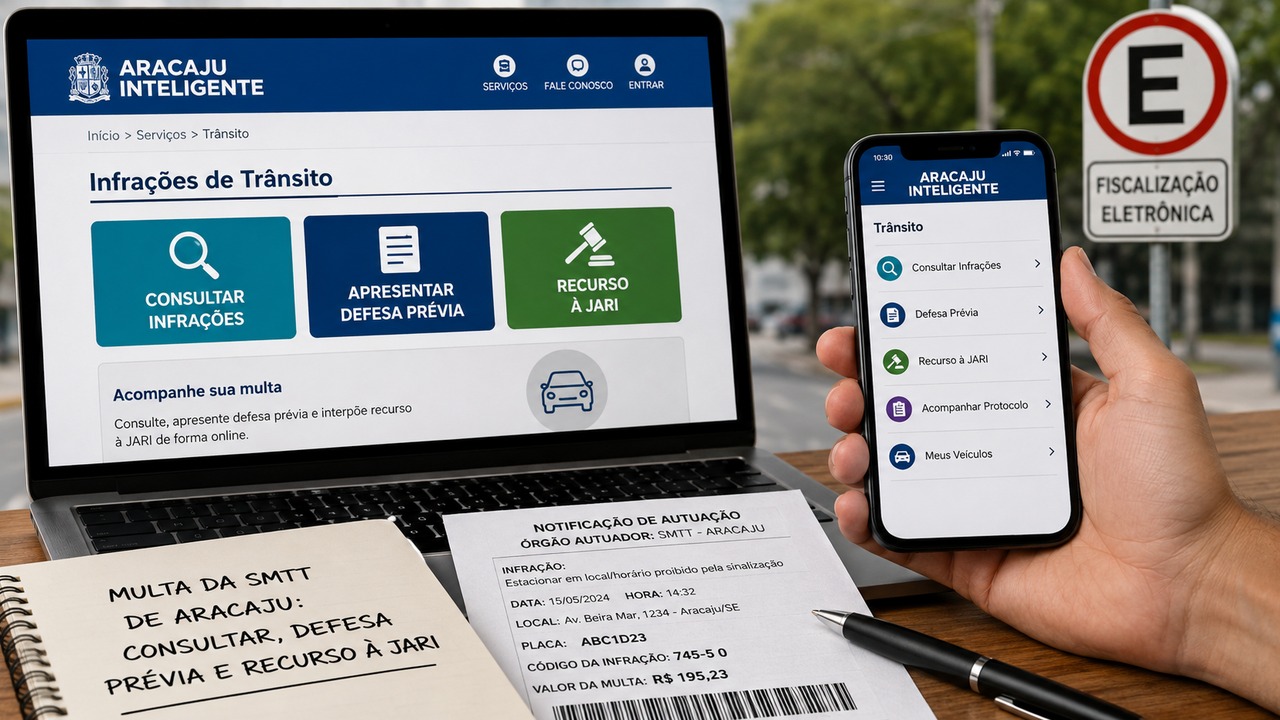 Cena ilustrativa com notebook e celular exibindo serviços de infrações de trânsito de Aracaju, ao lado de uma notificação de autuação e anotações sobre defesa prévia e recurso à JARI