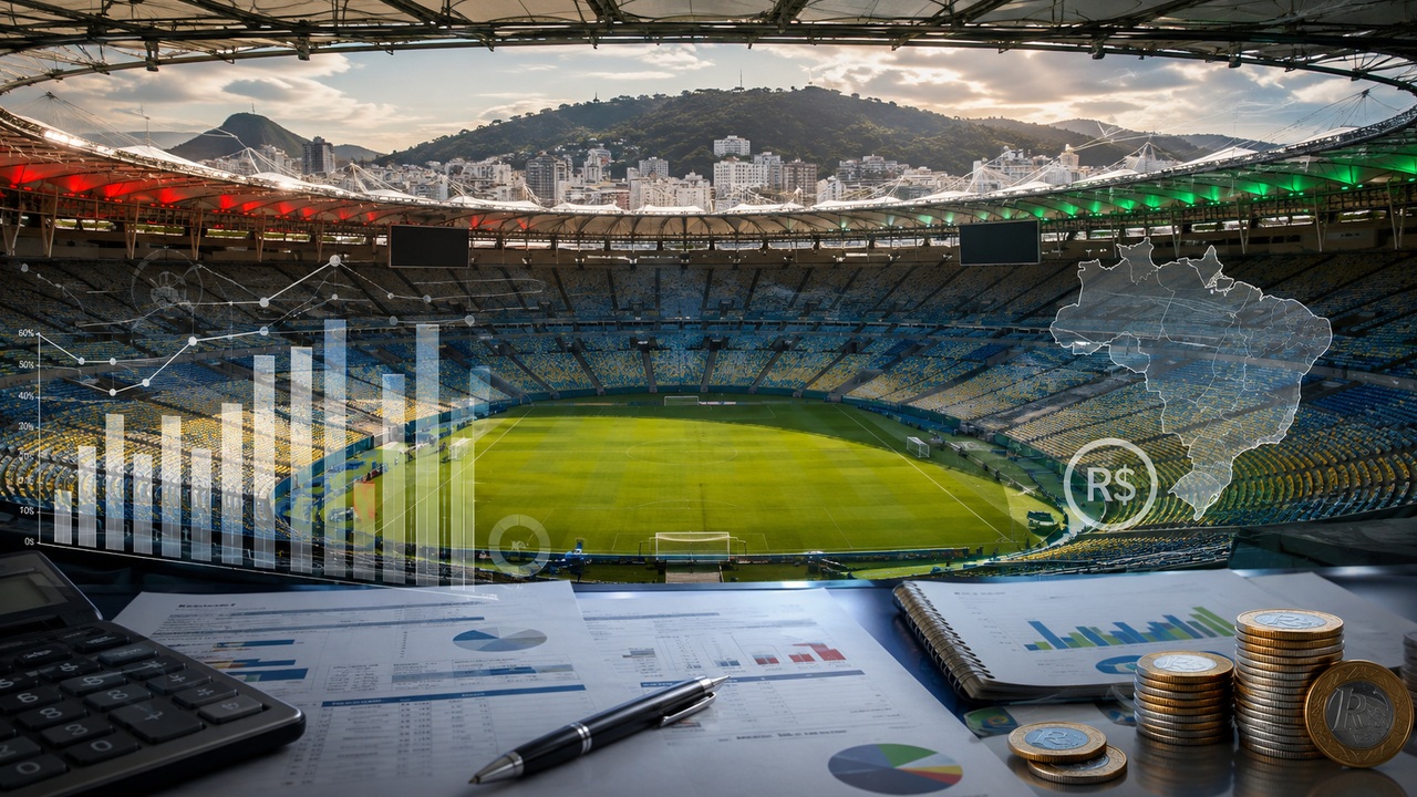 Composição editorial com vista ampla de estádio, gramado ao centro, relatórios financeiros, gráficos, calculadora e moedas de real em primeiro plano.