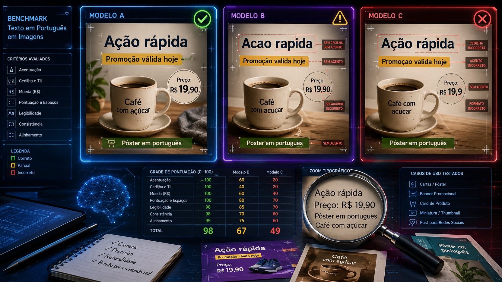 Painel futurista de benchmark com três modelos de IA comparando texto em português, acentos, cedilha, moeda e legibilidade, com exemplos e pontuações ilustrativas.