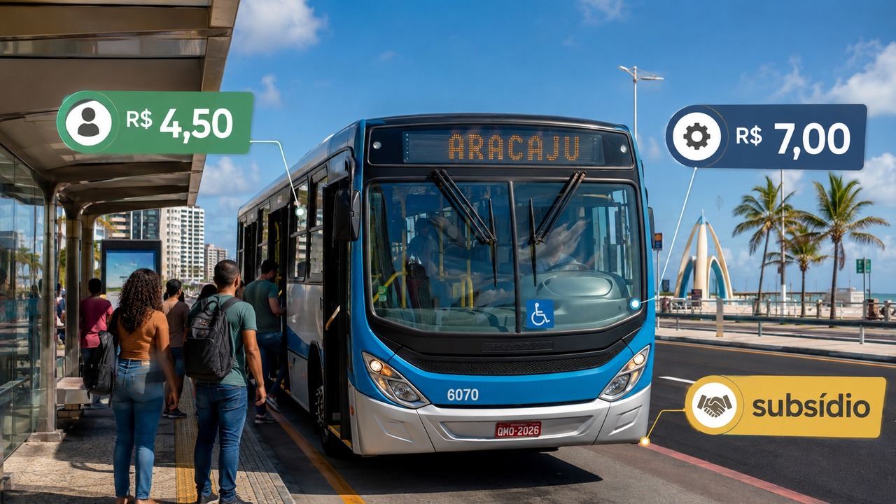 Ônibus urbano azul em ponto de Aracaju com passageiros e destaques gráficos de R$ 4,50, R$ 7,00 e subsídio.