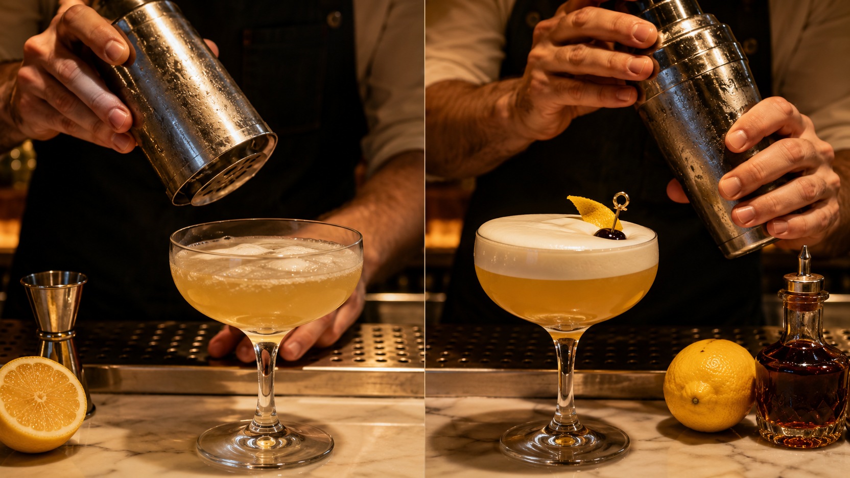 Comparação lado a lado de dois Whiskey Sours em um bar, com espuma fina à esquerda e uma camada espessa e cremosa à direita, diante de coqueteleiras metálicas.